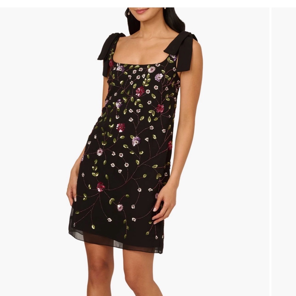 Adrianna Papell Black Floral Sequin Tie-Shoulder Shift Dress
